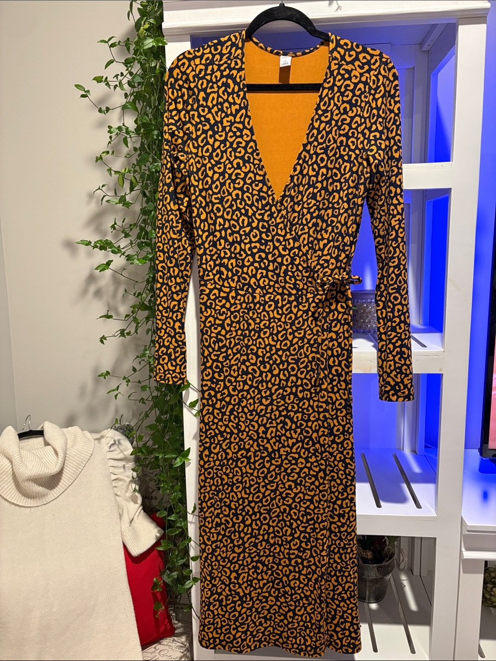 Old Navy Black and orange Leopard Print Wrap Midi Dress